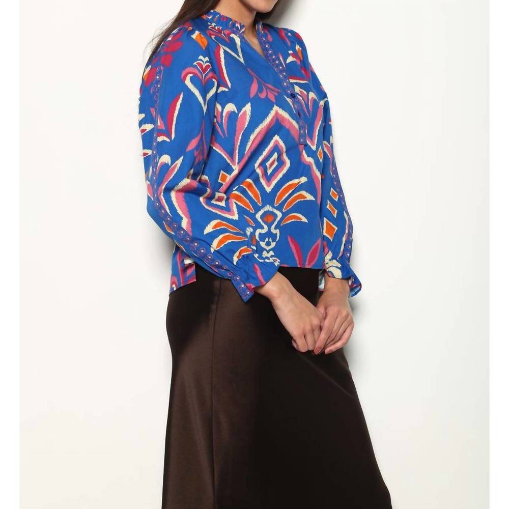 Maude Vivante Ashley Top in Cobalt Ikat Printed Long-Sleeve Blouse - Picture 5 of 6